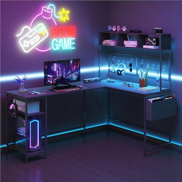 Advwin L Shaped Gaming Desk with LED Lights & Power Outlets Reversible Computer Desk Corner Study Table w/ Pegboard & Shelf Black