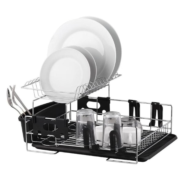 D.line Stainless Steel 2-Tier Dish Rack w/ Draining Board Organiser Black