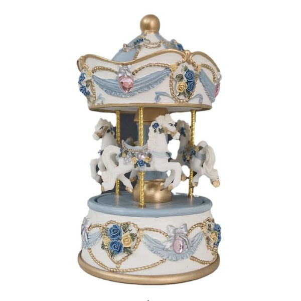 Russell Collection - Carousel 3 Horse Musical Merry Go Round Blue 15cm