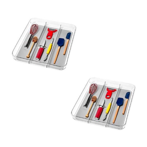 2PK Madesmart Clear Soft Grip 3 Partition Utensil Tray Organiser 40x32.7cm Grey