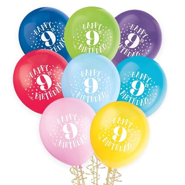 9th Birthday Coloured Balloons 30cm Round (Pack of 8)