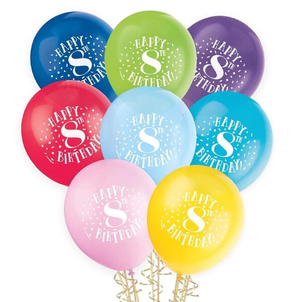 8th Birthday Coloured Balloons 30cm Round (Pack of 8)