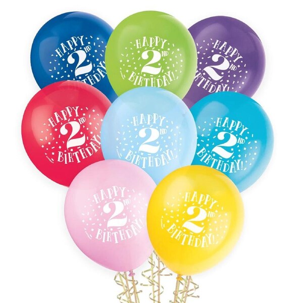 2nd Birthday Coloured Balloons 30cm Round (Pack of 8)