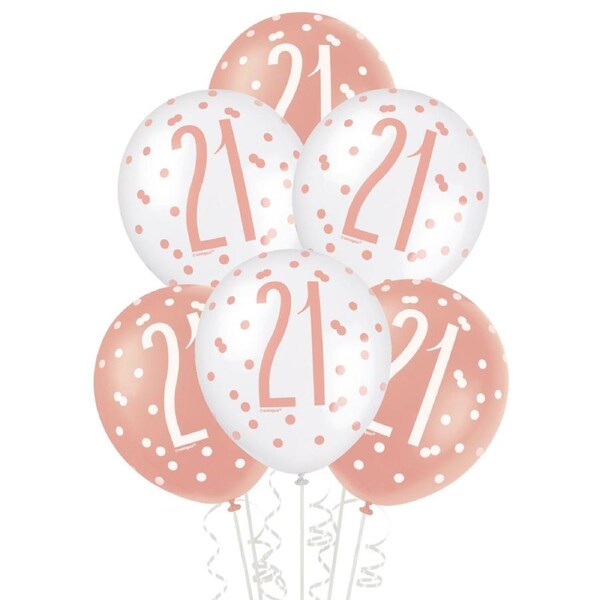 Rose Gold & White Assorted 21st Birthday Balloons (Pack of 6)