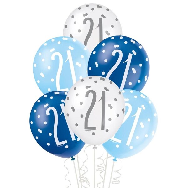 Blue & White Assorted 21st Birthday Balloons (Pack of 6)