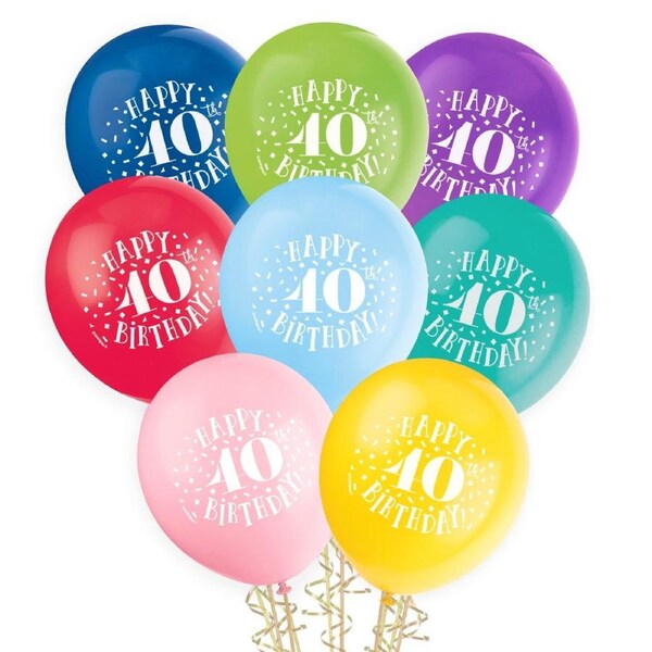 40th Birthday Balloons Assorted Colours (Pack of 8)