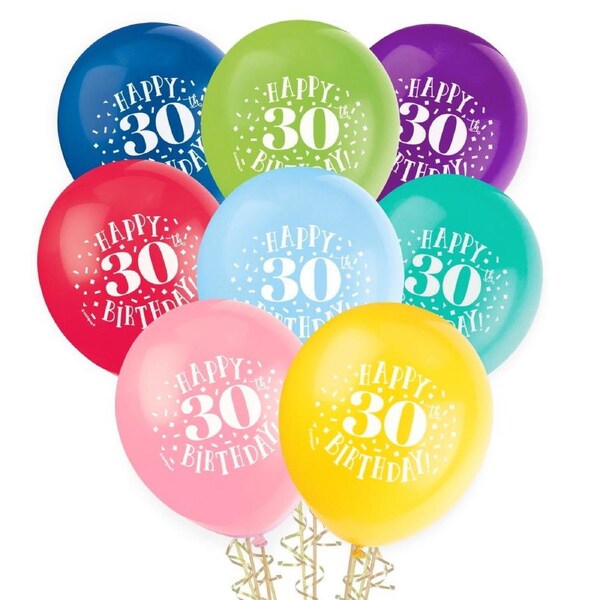 30th Birthday Balloons Assorted Colours (Pack of 8)