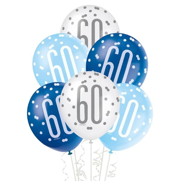 Blue & White Assorted 60th Birthday Balloons (Pack of 6)