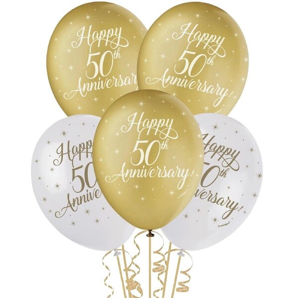 Happy 50th Anniversary Gold & White Balloons (Pack of 5)