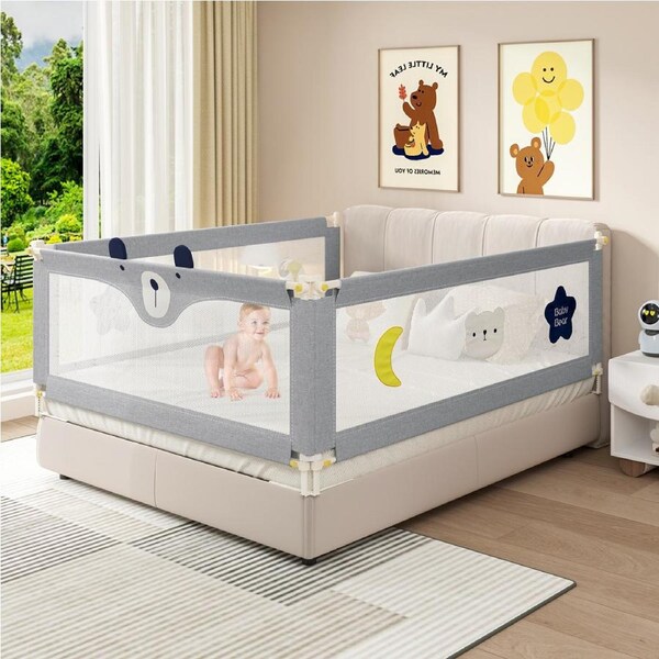 ADVWIN 3pcs Toddler Bed Rails 149 x 198cm Adjustable Kids Cot Fence Baby Side Safety Guard with Child Lock