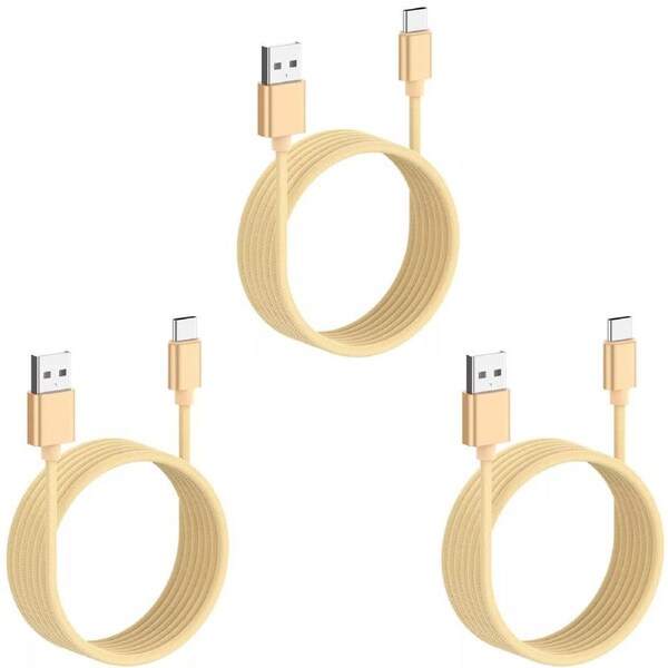 3 Pack 2m Long Data Transfer Charger Charging USB Type C Phone Tablet Cable Cord Bulk Braided Gold Nylon
