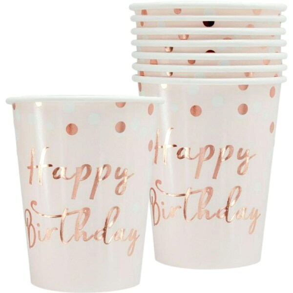 Rose Gold Confetti Birthday Paper Cups (Pack of 8)