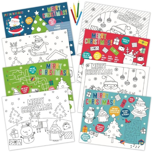 Assorted Christmas Activity Placemats with Colour Pencils (Pack of 8)