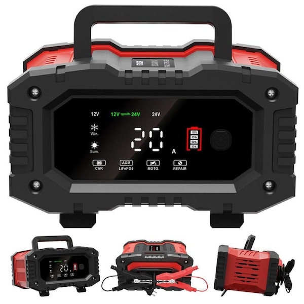 OZNALA 20-Amp Smart Battery Charger AU Plug 12V/20A / 24V/10A Lifepo4, Lead-Acid AGM/Gel Automotive, with Version Industrial Grade Large Lcd for Motorcycles, Boats, Cars (Black, red)