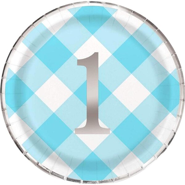 Blue Gingham 1st Birthday Boy Large Paper Plates (Pack of 8)