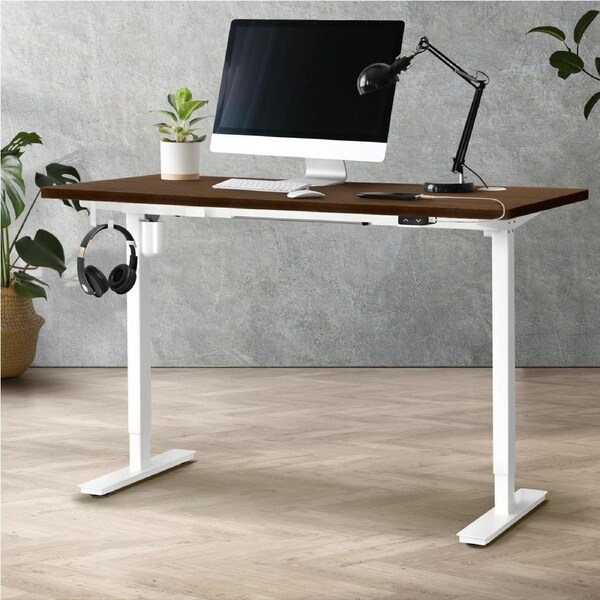 Oikiture Electric Standing Desk Single Motor 120/140/150cm White Frame+ Walnut Top 140cm