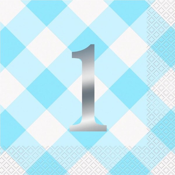 Blue Gingham 1st Birthday Boy Large Paper Napkins / Serviettes (Pack of 16)