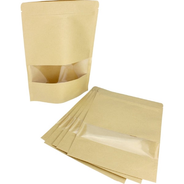 Brown Paper Resealable Bags with Windows 22cm (Pack of 6)