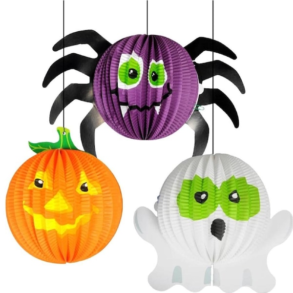 Halloween Pumpkin, Spider & Ghost Paper Lanterns (Pack of 3)