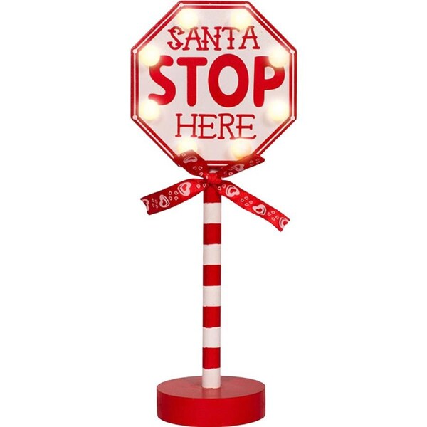 Light Up Wooden Santa Stop Here Christmas Table Decoration