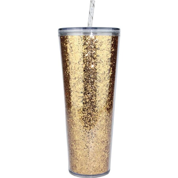 Gold Glitter Double Wall Acrylic Tumbler Cup with Straw