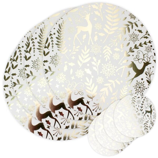 Christmas White and Gold Foil Placemat & Coaster Set (For 4 Guests)