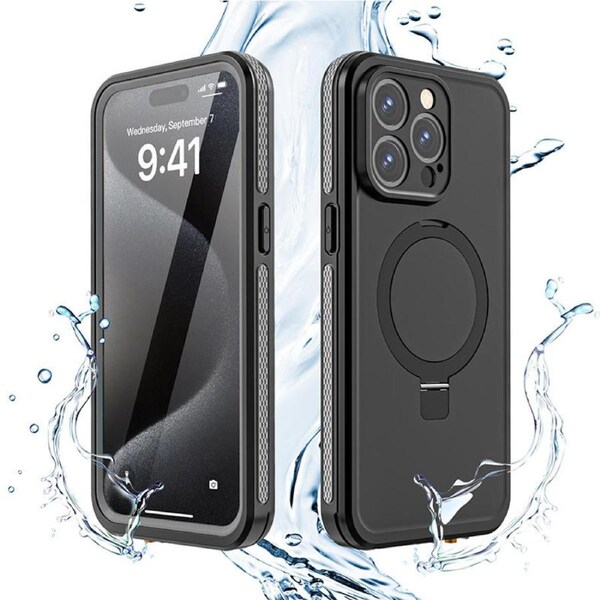 Nevenka TB Waterproof Case for iPhone 15 Pro case Magnetic Cover Ring Stand Full Body Protective-Black