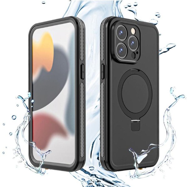 Nevenka TB Waterproof Case for iPhone 15 Pro Max case Magnetic Cover Ring Stand Full Body Protective-Black Ash