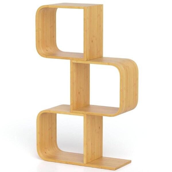 Giantex S-Shaped Bamboo Bookshelf Storage Bookcase Corner Display Shelf Natural