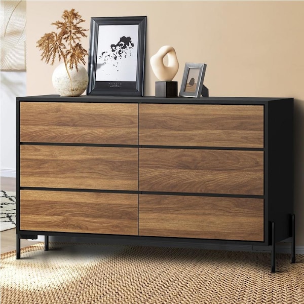 Oikiture 6 Chest of Drawers Cabinet Dresser Table Lowboy Storage Bedroom Walnut