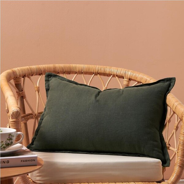 Natural Home ARDENNE Washed French Linen Rectangular Cushion with Oxford Edge Moss Green 40x60cm