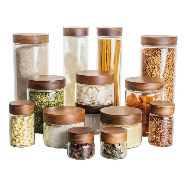 Acacia Wood Glass Jar Small Pantry Organisation Pack