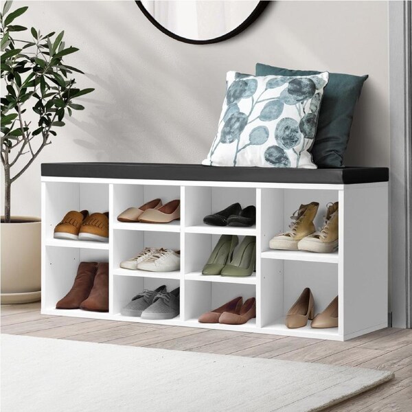 Oikiture Shoe Cabinet Bench Shoe Storage Rack PU Padded Seat Organiser Cupboard White & Black