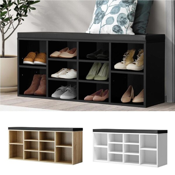 Oikiture Shoe Cabinet Bench Shoe Storage Rack PU Padded Seat Organiser Cupboard Black