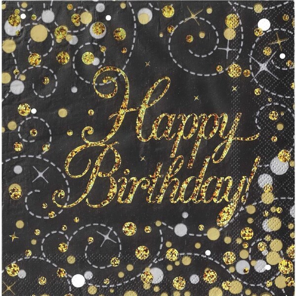 Sparkling Fizz Black and Gold Happy Birthday Holographic Large Napkins / Serviettes (Pack of 16)