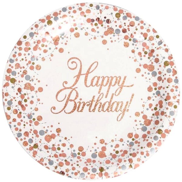 Sparkling Fizz Rose Gold Happy Birthday Large Paper Plates (Pack of 8)