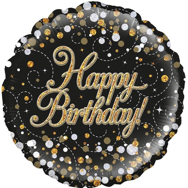 Sparkling Fizz Black & Gold Holographic Happy Birthday Foil Balloon