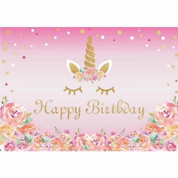 Pink Unicorn Happy Birthday Large Fabric Backdrop