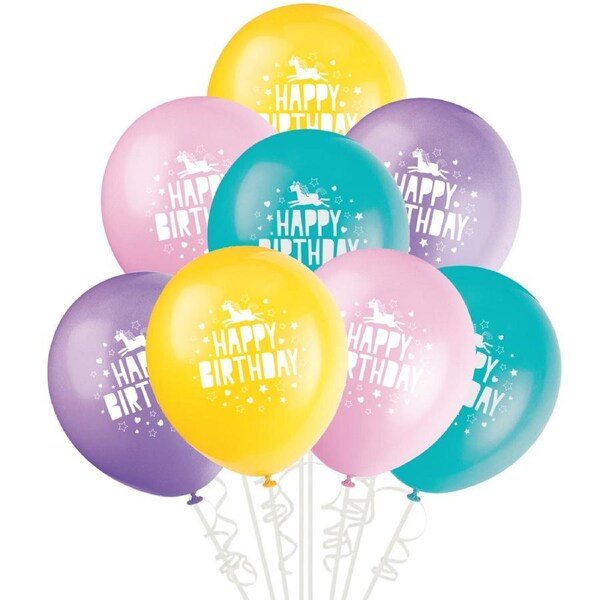Pastel Unicorn Happy Birthday Balloons (Pack of 8)