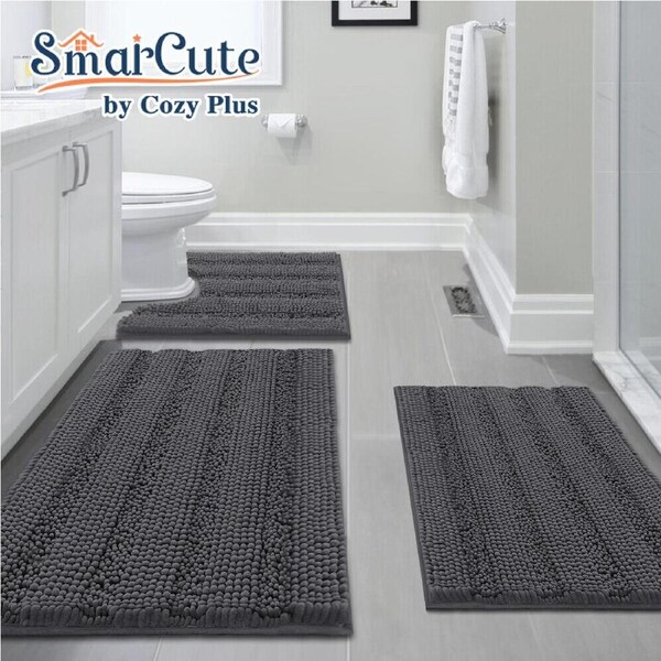 3 Pieces Absorbent Bathroom Rugs Sets Striped Non Slip for Tub, Shower, Toliet Grey / 50x81cm & 43x60cm & 50x50cm (U Shape)