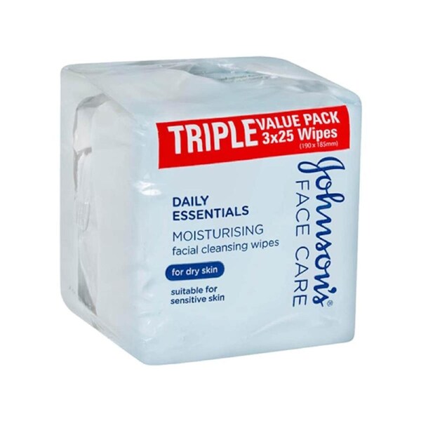 Johnsons Moisturising Facial Cleansing Wipes for Dry Skin 25 x 3 Pack