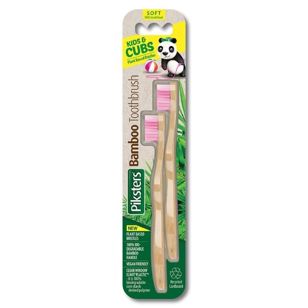 Piksters Bamboo Toothbrush Kids 2 Pack Assorted Colours