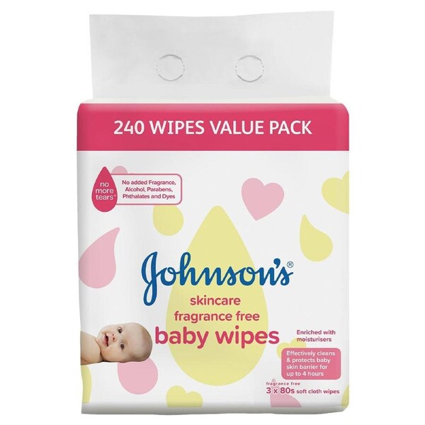 Johnsons Skincare Fragrance Free Baby Wipes 3 x 80 Soft Cloth Wipes