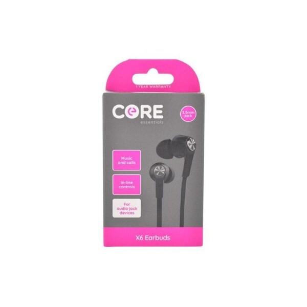 Core Essentials 3.5mm X6 Earphones Earbuds In Ear Wired with Built In Mic Black