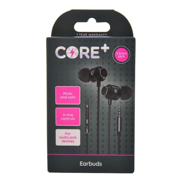 Core 3.5mm Jack Earphones Earbuds In Ear Wired with Built In Mic 1.2m Black