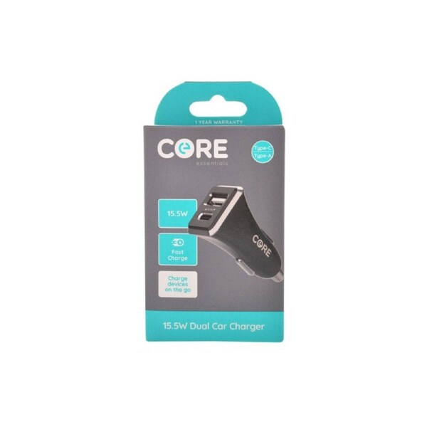 Core Essentials Type C USB A Dual Port Car Charger Fast Charge 15.5W Black