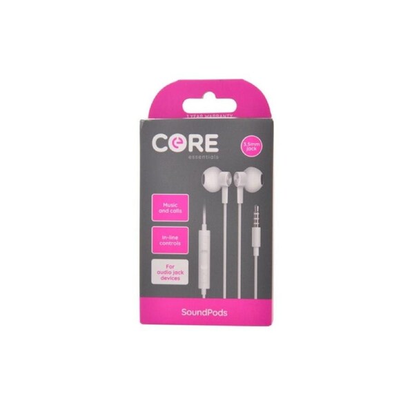 Core Essentials Soundpods Earphones In Ear Wired with Built In Mic 3.5mm White