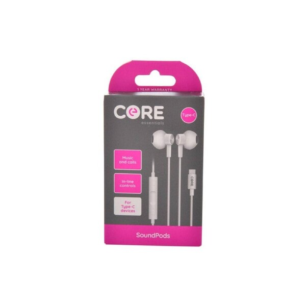 Core Essentials USB C Soundpods Earphones Music Calls Wired w Mic White