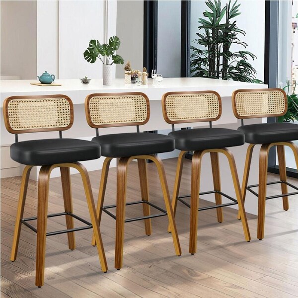 4x ALFORDSON Bar Stools Rattan Swivel Wooden Black