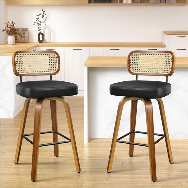 2x ALFORDSON Bar Stools Rattan Swivel Wooden Black